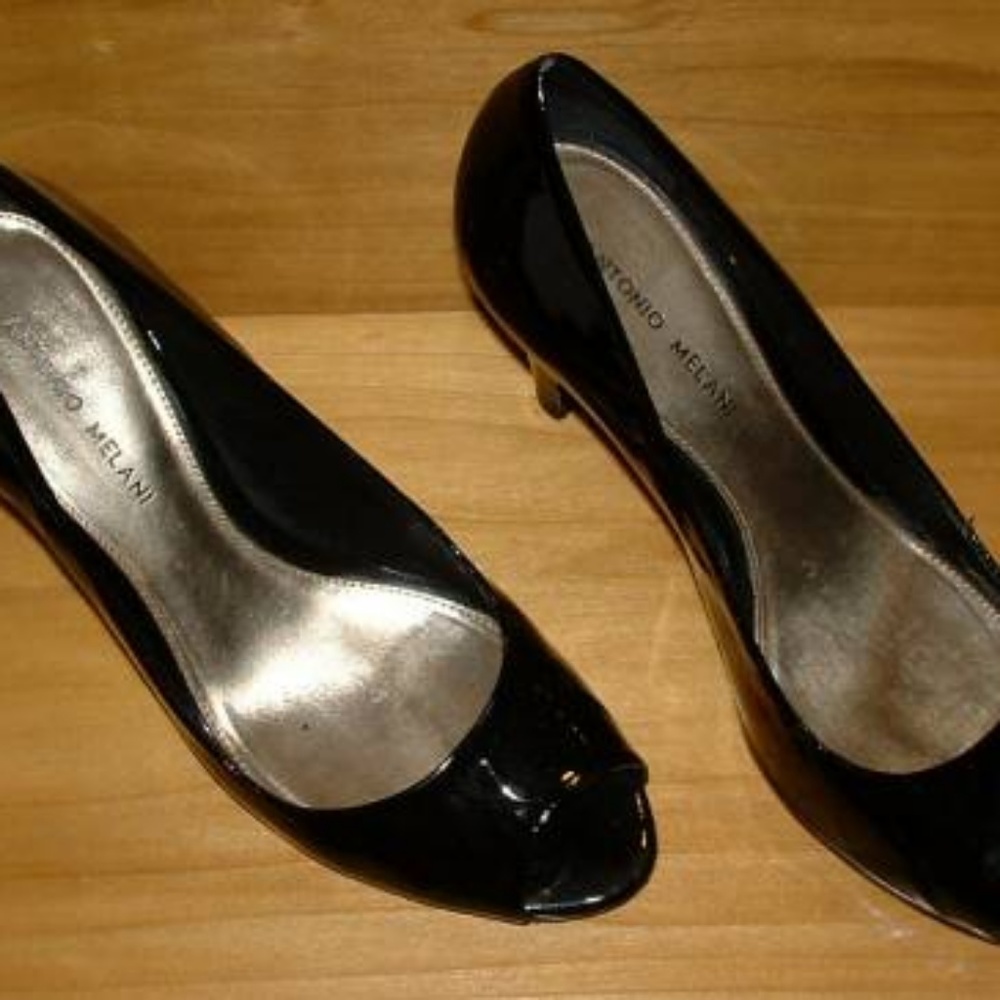 Antonio Melani peep  toe black patent pumps  heel